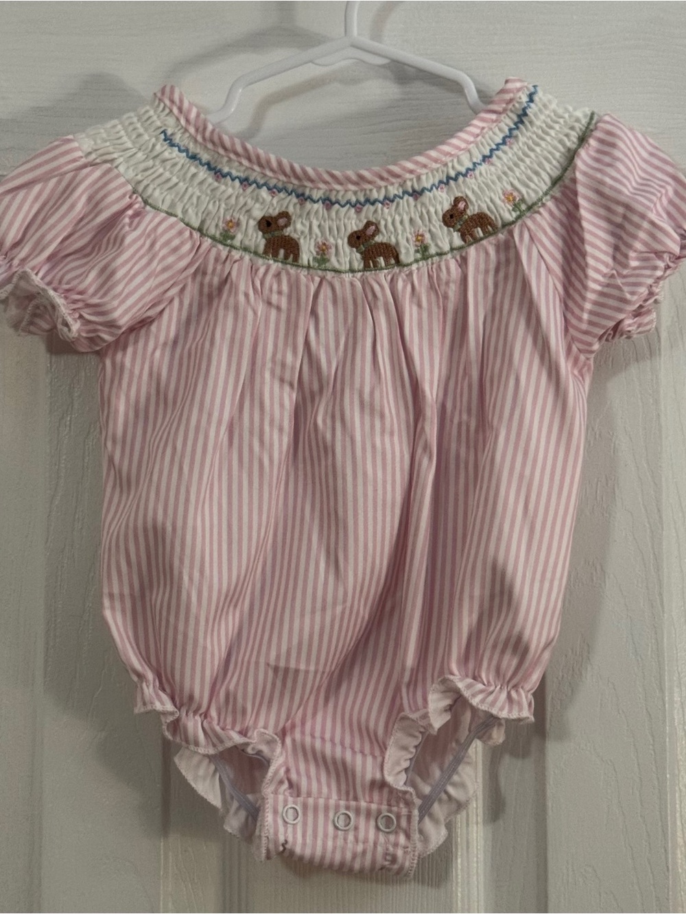 Baby Girl Pink Striped Smocked Romper with Bunny Embroidery
